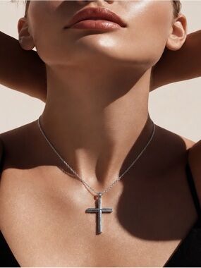 Large Rhodium over 925 Sterling Silver Cross with 18” chain